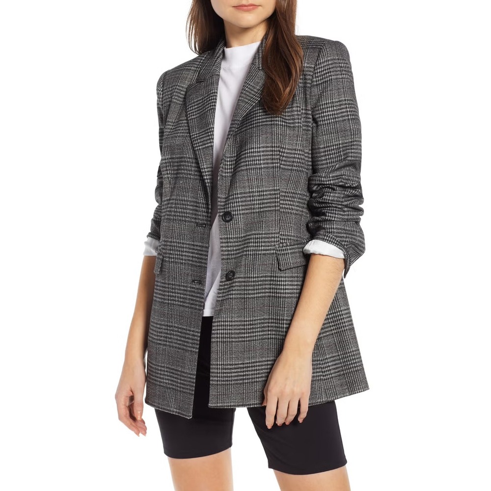 (A10) Something Navy Gray Plaid Blazer Longline Glen Check Jacket L SN410378MI
